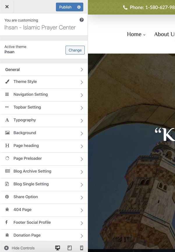 Ihsan - Islamic Prayer Center — Theme Customizer